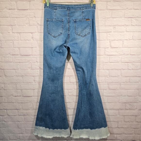 E Rock & Roll Denim Bargain Button Bell Flared Blue Jeans Dyed Frayed Hem Sz 30 - Picture 4 of 10